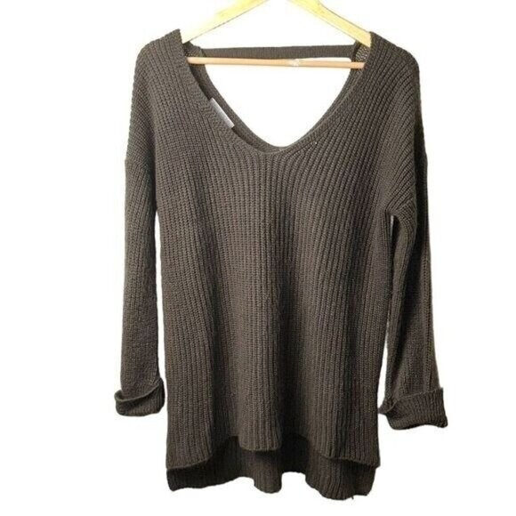 Don’t Ask Why Gray Long Sleeved Deep V Neck Acrylic Sweater One Size Fits Most - Picture 1 of 9